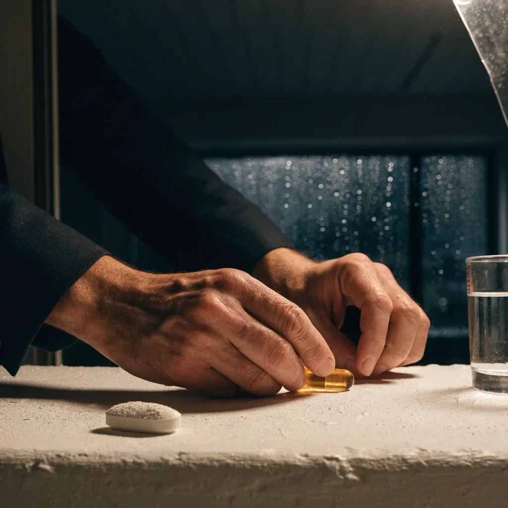 Two supplement formats side by side on a plaster bench under a single warm lamp at night