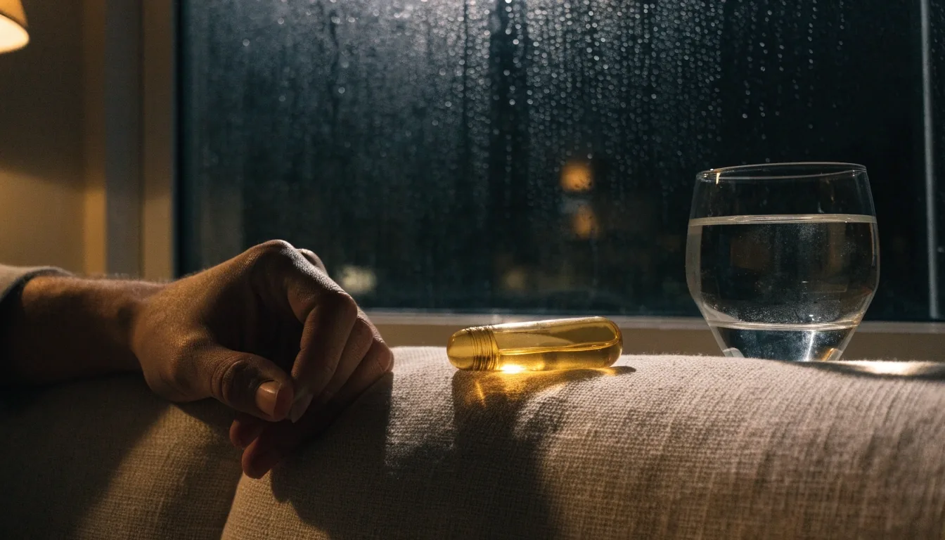 A quiet night bench with a glass of water under a single warm lamp, the setting where NusaVital's reading material is written