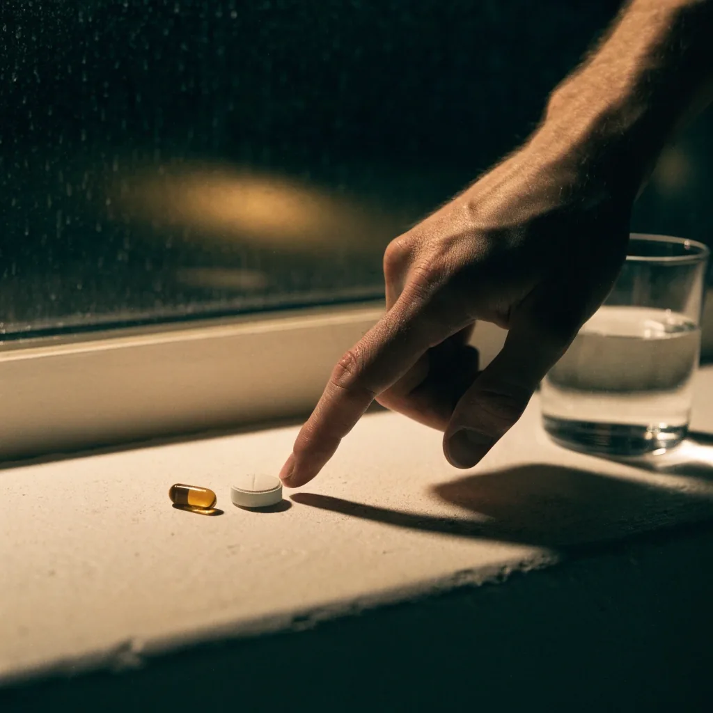A daily men's vitamin formula staged on a plaster bench under a single warm lamp, with a glass of water and rain on the glass behind