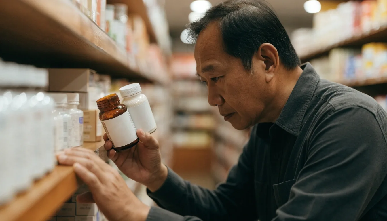 A man turning a small wooden dial on a counter while holding an unbranded bottle with the label side turned away
