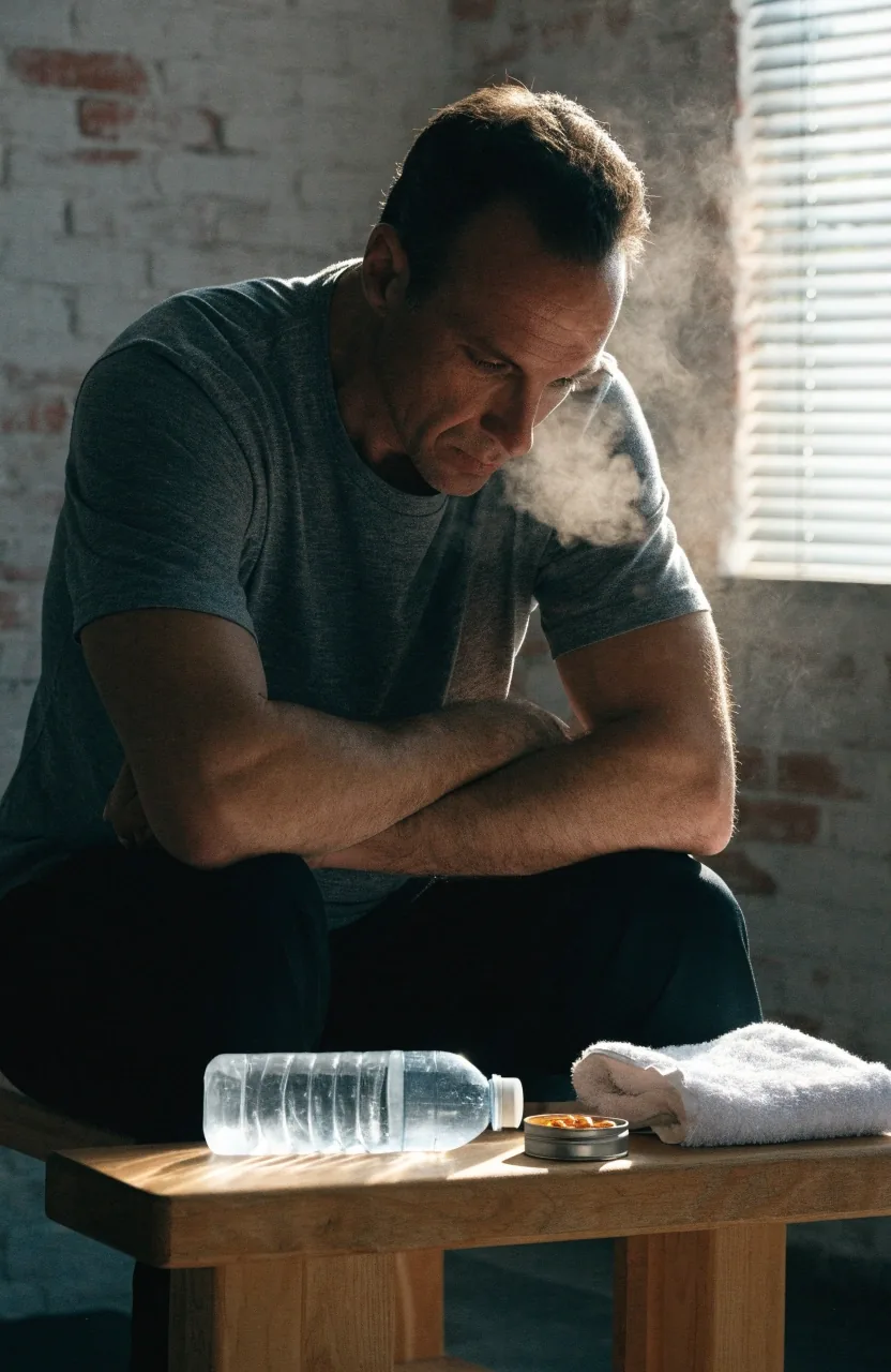 A man resting between gym sets on a bench with a water bottle and an unbranded tin of capsules beside a folded towel