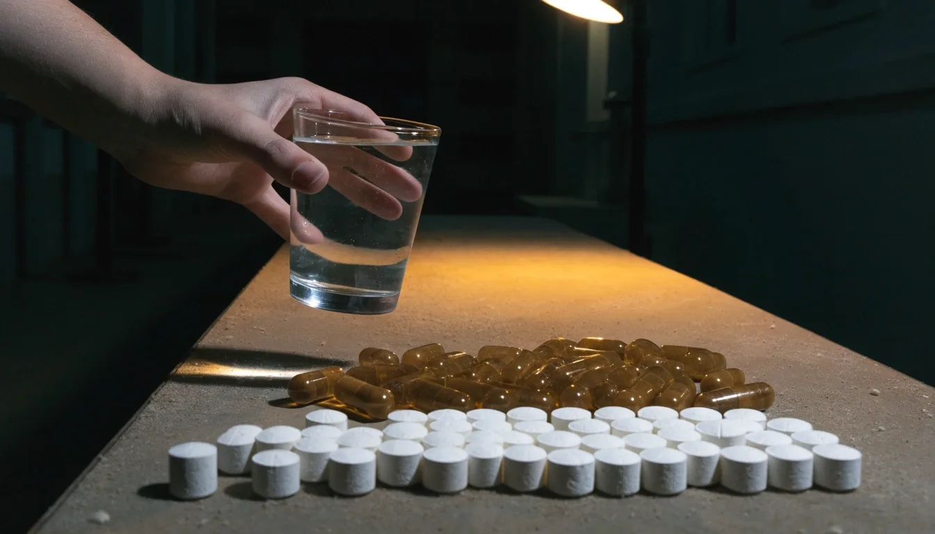 A dark night-time kitchen bench with a glass of water and unbranded supplement capsules and tablets arranged on matte plaster under one warm lamp