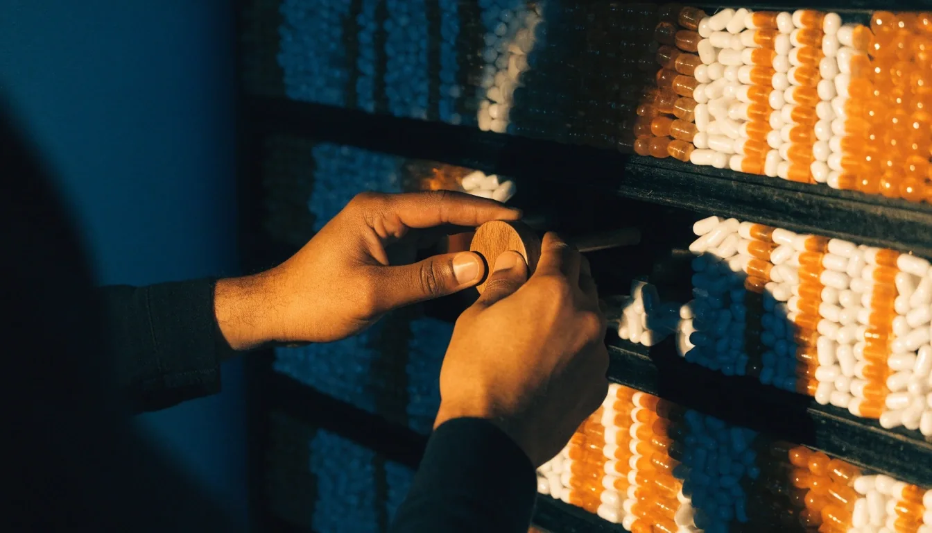 A man's hands turning a small dial beside a wooden rack holding rows of unbranded supplement formats at night