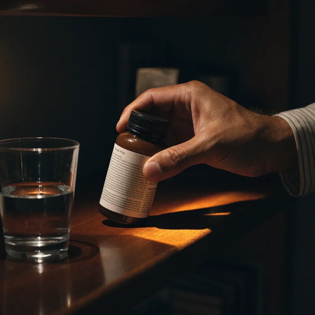 A rain-streaked window at night with a glass of water on the plaster sill catching a warm lamp pool