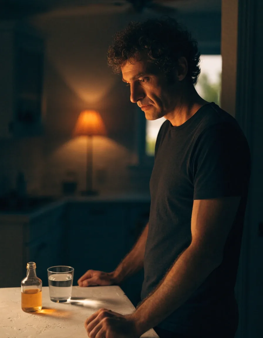 A man at a kitchen counter in warm evening light with a glass of water and a small unbranded bottle beside him.