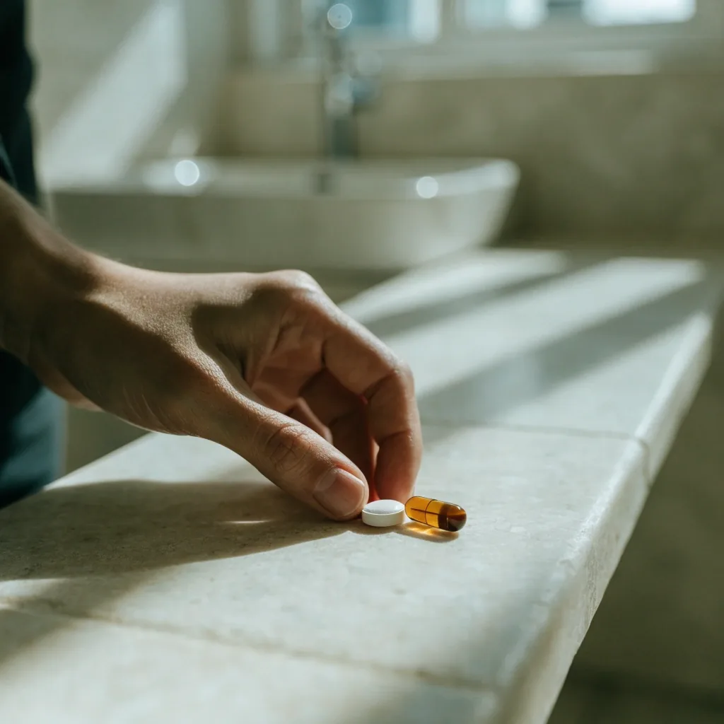A white vitamin tablet and a small amber capsule set apart on a paper-toned bench surface under a warm raking light.