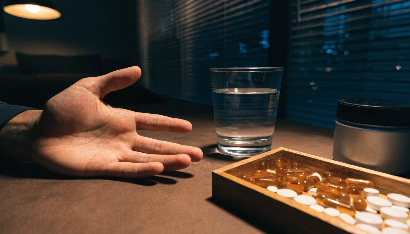 Two hands resting on a plaster desk beside a glass of water and a wooden tray of unbranded capsules and tablets at night