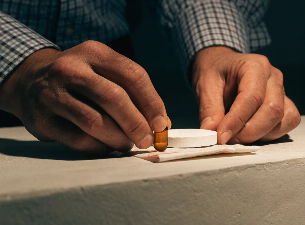 A man's hands placing a white tablet and an amber capsule side by side on a plaster counter