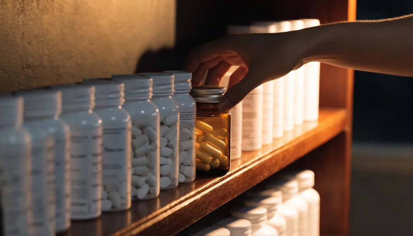 Rows of unbranded supplement bottles and formats on a pharmacy shelf under warm night lighting