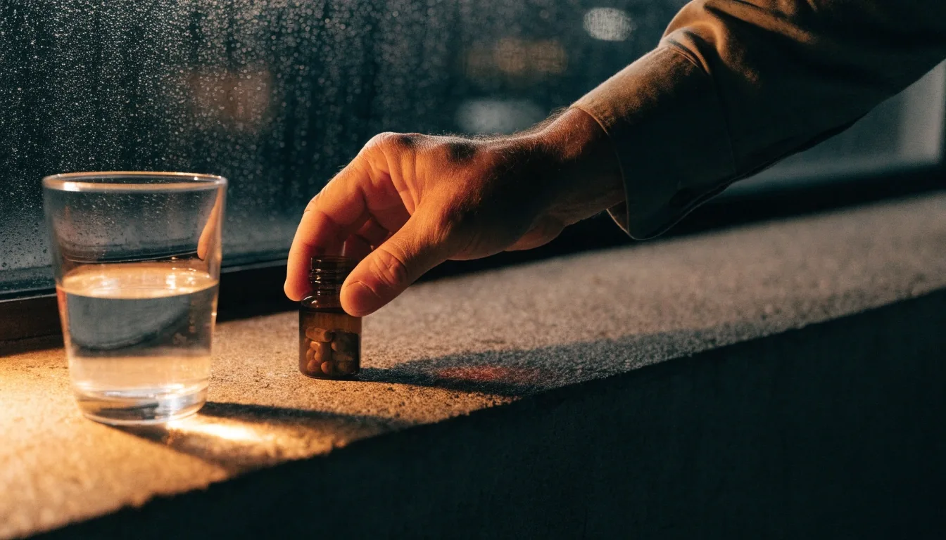 Matte plaster night bench with a glass of water and unbranded capsules under a warm lamp